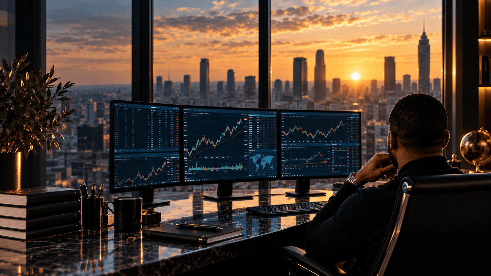 A trader reviewing multi-monitor market data at sunset, overlooking a city skyline